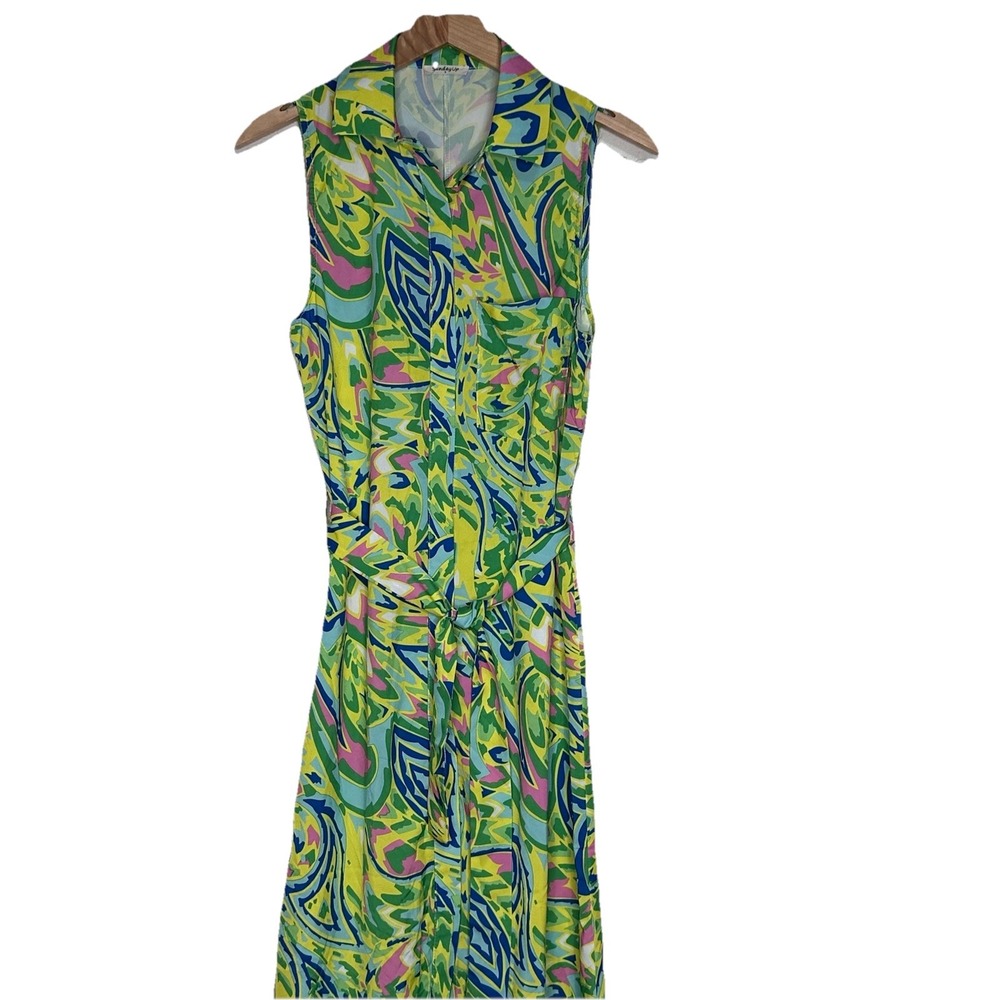 Sunday Up Shirt Dress Women's S Multicolor Pastel Abstract Sleeveless Belted - Picture 2 of 8